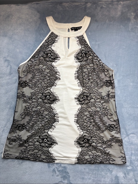 Cable & Gauge Tops - Cable & Gauge White Halter Camisole with Black Lace Overlay